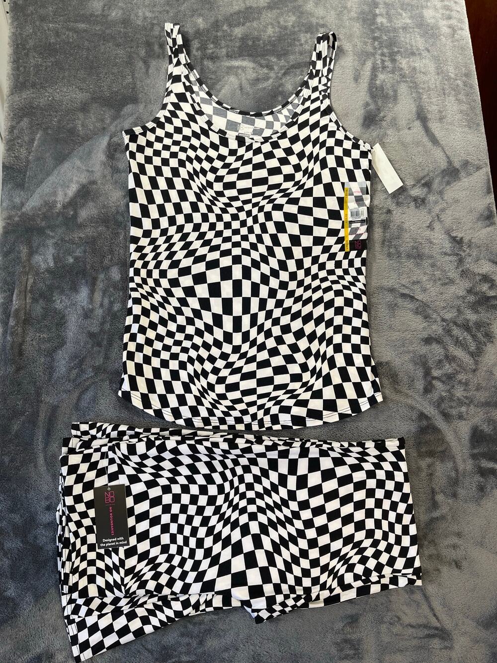 NWT No Boundaries Womens 2 Piece Set Warped Checkerboard Top L Bell Bottoms XXL